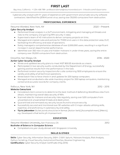 Sample Résumé for Security Analyst